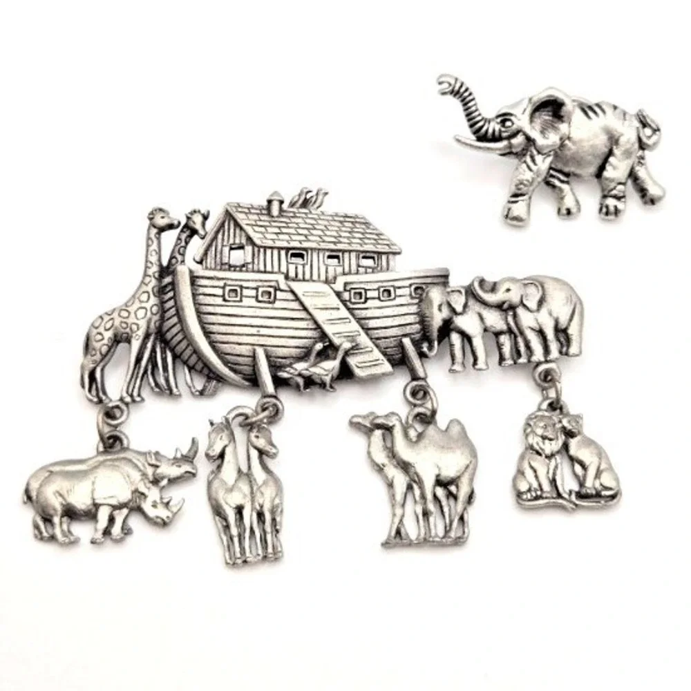 JJ Jonette Jewelry Silvertone‎ Noah's Ark Brooch and J. Crew Elephant Pin